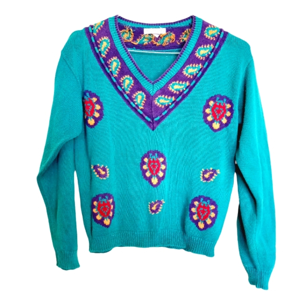 VTG Heirloom Collectibles Womens Teal Purple V Neck Cotton Sweater M